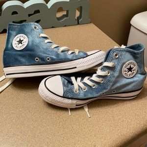 Teal velvet converse high tops